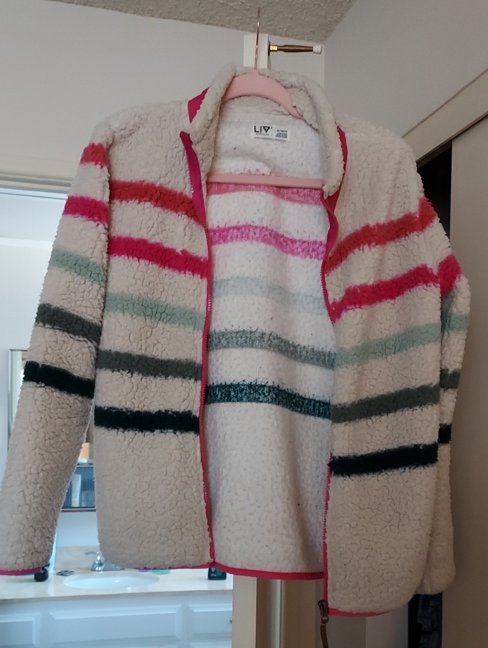 Pink-Trim Sherpa Jacket for Girls - Cream with Multicolor Stripes